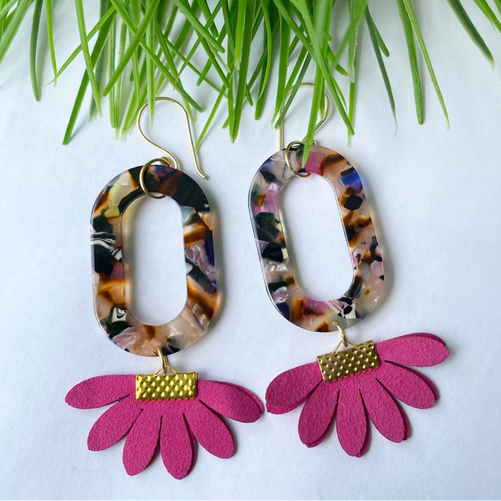 Multicolor Resin Oval & Pink Floral Drop Earrings